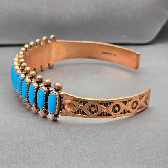 VTG Southwestern Copper Turquoise Cuff Bracelet 6.5" Signed WMCO Saw Tooth Bezel - Picture 2 of 9